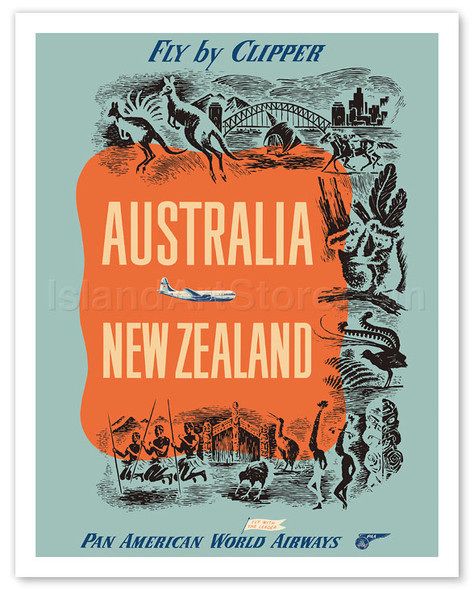 Australia - New Zealand - Fly by Clipper - Pan American World Airways - Vintage Airline Travel Poster