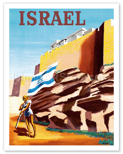 Israel - Zionist Heroic Girl Holding Israeli Flag - Walls of Jerusalem - Poster by Lucien Boucher (Renluc)