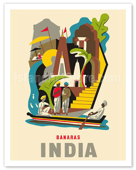 Banaras (Varanasi) - India - Dashashwamedh Ghat, Ganges River - Vintage Travel Poster