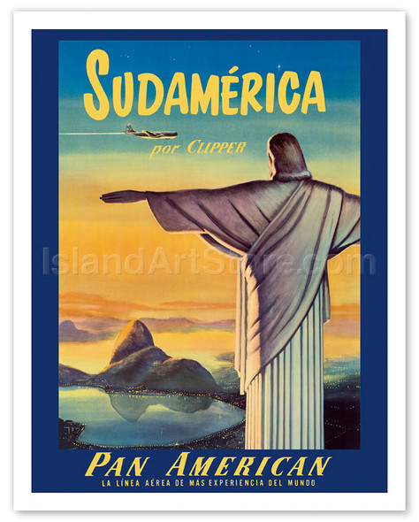 Pan American - South America by Clipper - Christ the Redeemer statue Corcovado - Rio de Janeiro - Brazil - Vintage Airline Travel Poster