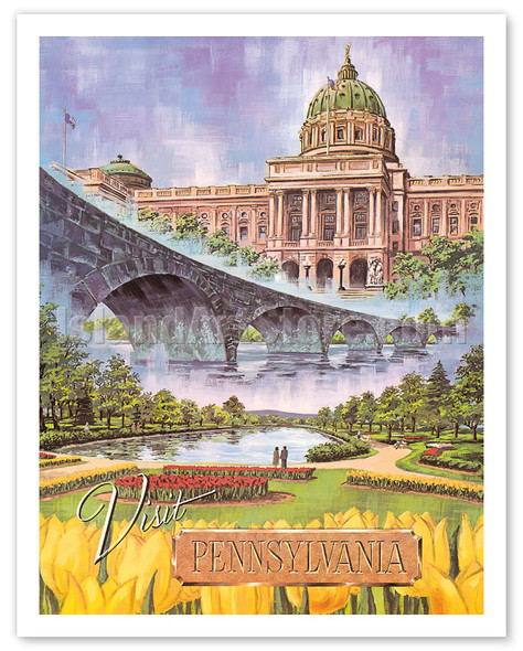 Visit Pennsylvania - Harrisburg, PA - State Capitol, Rockville Bridge, Italian Lake Park - Poster by Bart Sloane