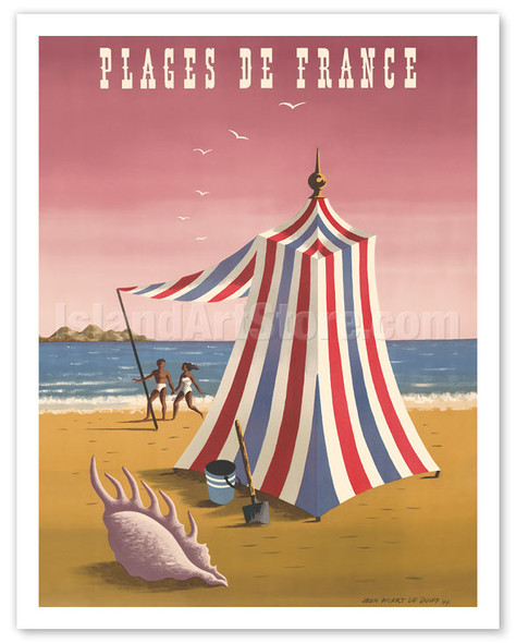Plages de France (Beaches of France) - Beach Tent & Sea Snail Shell - Poster by Jean Picart Le Doux