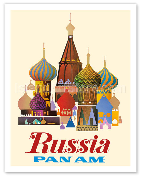 Russia - Pan American World Airways - Saint Basil's Cathedral, Moscow - Onion Domes - Vintage Airline Travel Poster