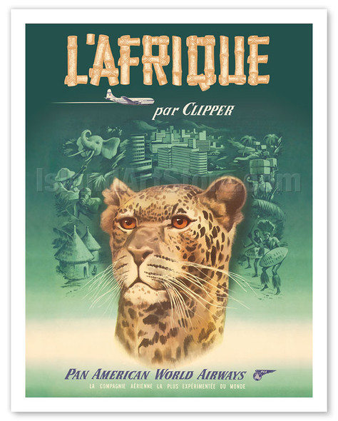 L'Afrique par Clipper (Africa by Clipper) - Pan American World Airways - African Cheetah - Vintage Airline Travel Poster