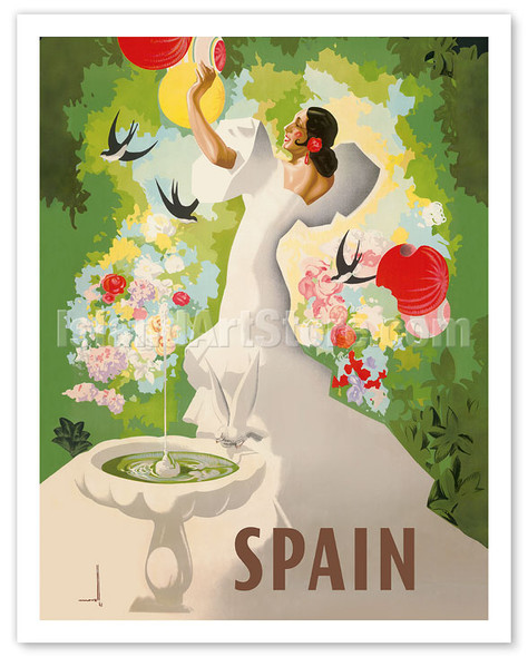 Spain - Spanish Dancer with Fountain and Birds - Poster by Marcias José Morell