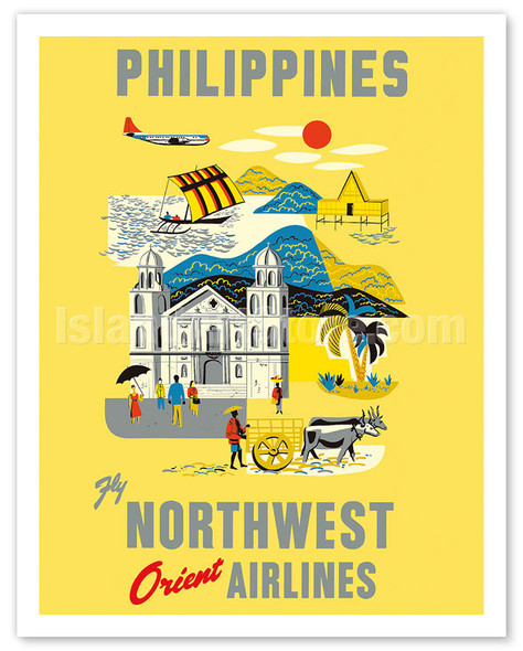 Philippines - Fly Northwest Orient Airlines - Vintage Airline Travel Poster