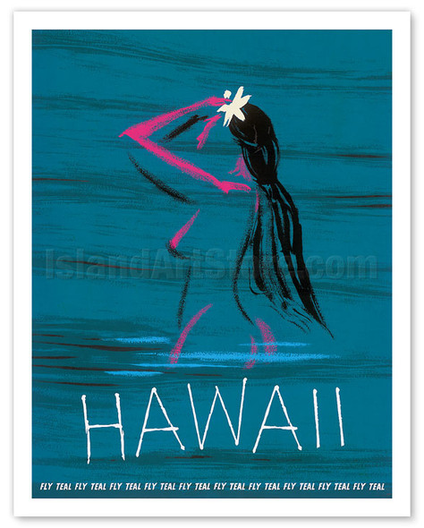 Hawaii - Nude Hawaiian Girl Bathing - Fly Teal (Tasman Empire Airways Limited) - Poster by Arthur Alfred Thompson