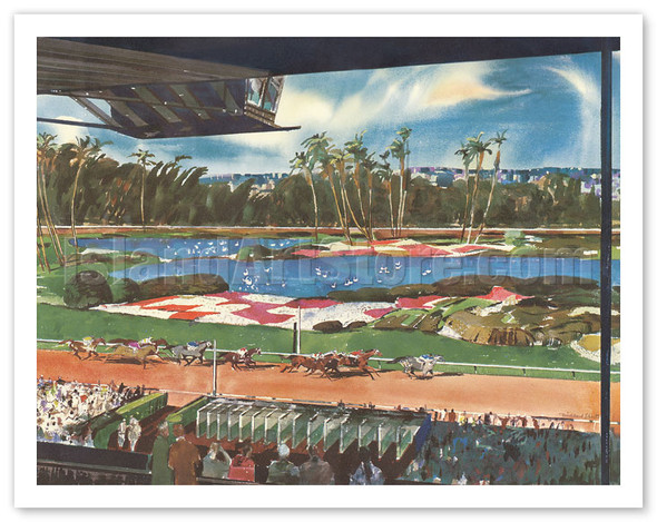 Hollywood Park Racetrack California - Horse Racing - United Air Lines - c. 1950's - Poster by Millard Sheets