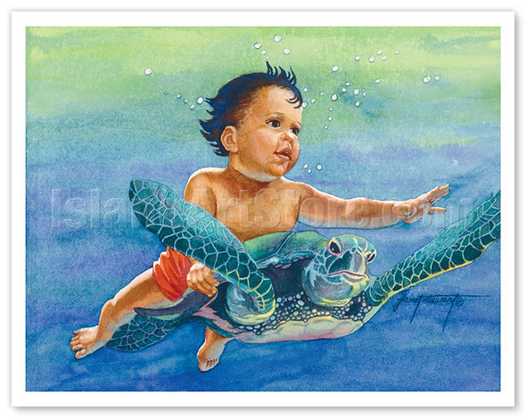 Turtle Ride Under the Sea (Ka Holo Honu I Ke Kai) - Hawaiian Baby - Poster by Janet Stewart