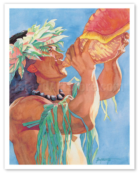 Blow the Conch Horn (Ke Kani O Ka Pū) - Hawaiian Ceremonial Blessing - Poster by Janet Stewart
