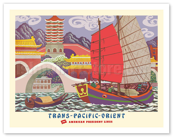 Trans-Pacific-Orient - Temples and Pagodas - American President Lines - c. 1949 - Poster by Albert Jean Camille