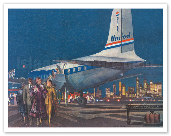 Night Arrival, DC-6 Mainliner 300 - United Air Lines - c. 1952 - Poster by Millard Sheets