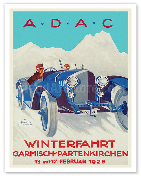 Winter Car Race - Garmisch-PartenKirchen, Germany - A.D.A.C. Automobile Club - c. 1925 - Poster by Hans and Botho von Römer