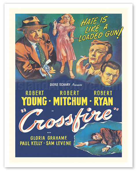 Crossfire - Starring Robert Young Robert Mitchum Robert Ryan and Gloria Grahame - c. 1947 - Vintage Film Noir Movie Poster