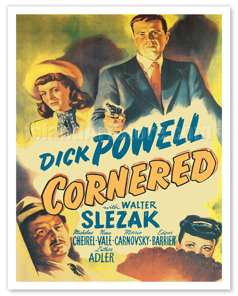 Cornered - Starring Dick Powell Walter Slezak - Directed by Edward Dmytryk - c. 1945 - Vintage Film Noir Movie Poster