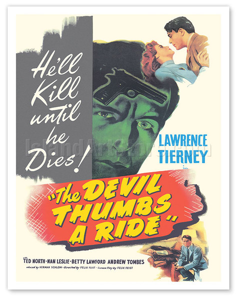 The Devil Thumbs a Ride - Starring Lawrence Tierney - c. 1947 - Vintage Film Noir Movie Poster