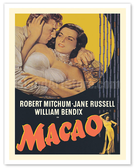 Macao - Starring Robert Mitchum & Jane Russell - Directed by Josef von Sternberg - c. 1952 - Vintage Film Noir Movie Poster