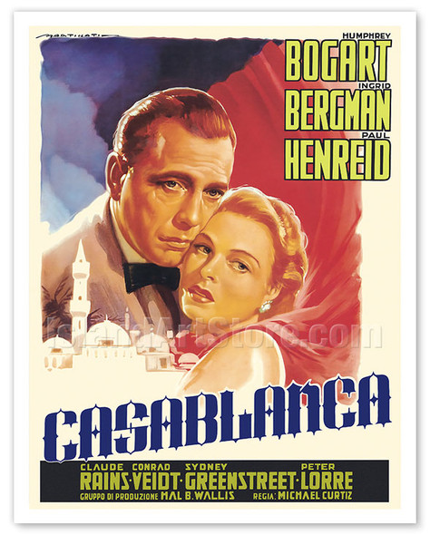 Casablanca - Starring Humphrey Bogart, Ingrid Bergman, Paul Henreid - c. 1953 - Poster by Luigi Martinati