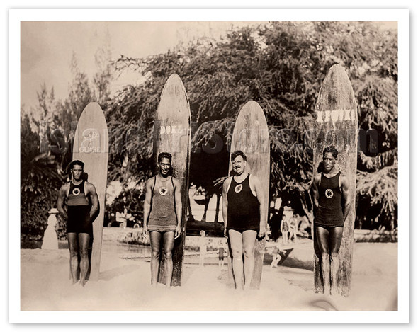 Life-Guards at Waikiki Hawaii - Duke & David Kahanamoku J. Kaukiko W. E. Longfellow - c. 1920 - Vintage Photography