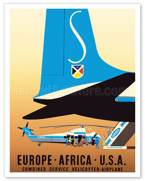 Europe, Africa, U.S.A - Sabena Belgian World Airlines - c. 1959 - Vintage Airline Travel Poster