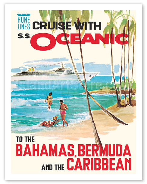 Bahamas, Bermuda and the Caribbean - Home Lines Cruise with S.S. Oceanic - c. 1976 - Vintage Cruise Ship Travel Poster