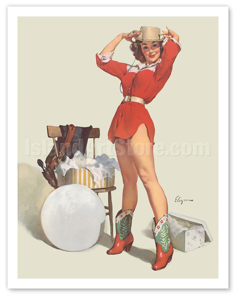 Something New - Cowgirl in Red with a New Hat - c. 1957 - Poster by Gil Elvgren