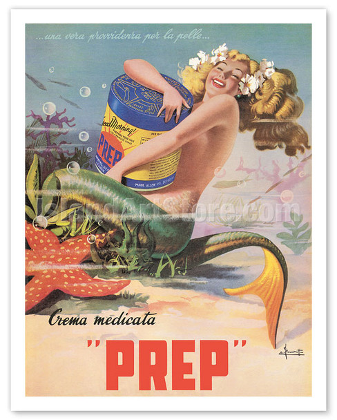 Happy Mermaid - PREP Italian Skin Cream - c. 1950's - Poster by Erasmo Ferrante