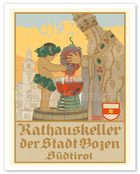 Bolzano, South Tyrol, Italy - Rathauskeller Restaurant - Wine and Spirits - c. 1922 - Poster by Albert Stolz