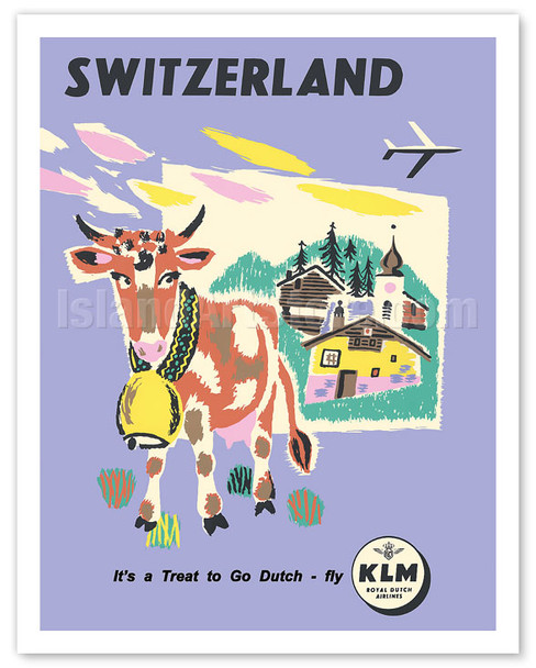 Switzerland - Allmogekor, Swiss Cow - KLM Royal Dutch Airlines - c. 1959 - Vintage Airline Travel Poster