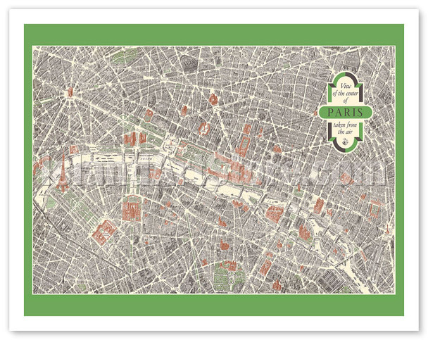 Paris, France - Aerial View of The City Center - 3D Drawing Map - c. 1959 - Vintage City Map