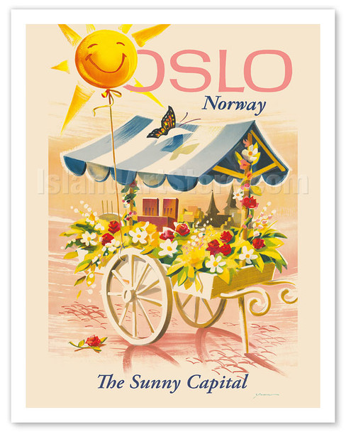 Oslo Norway - The Sunny Capital - Flower Cart - c. 1966 - Poster by Knut Yran