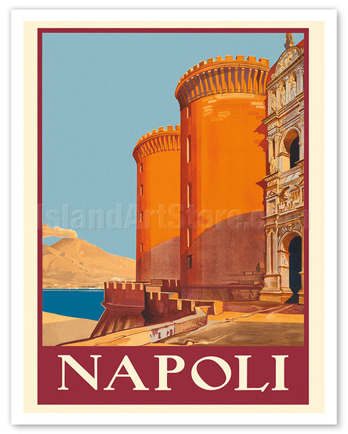 Naples (Napoli) Italy - Castel Nuovo, Mount Vesuvius and the Bay of Naples - c. 1920 - Vintage Travel Poster