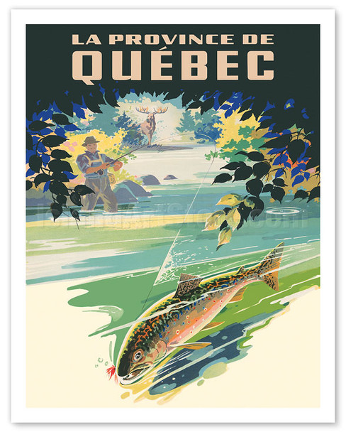 Province of Quebec (La Province de Québec) - Fly Fishing Fisherman - c. 1930 - Vintage Travel Poster