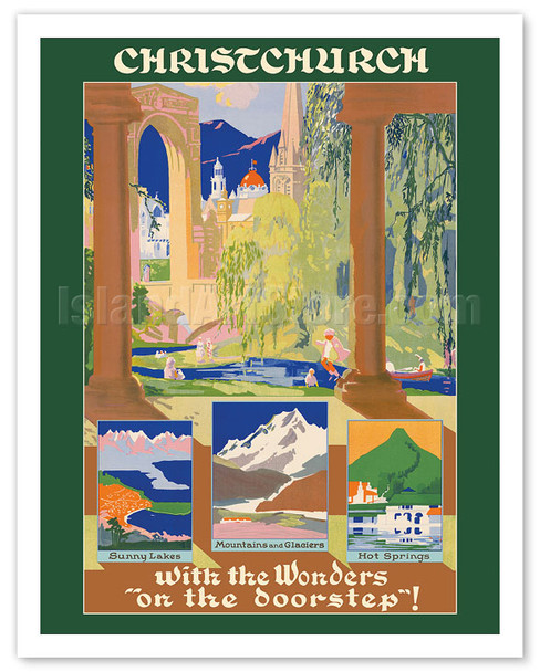 Christchurch, New Zealand - Cathedral, Hanmer Springs, and Bridge of Remembrance on the River Avon - c. 1935