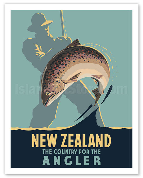 New Zealand - The Country for the Angler - Fly Fishing - c. 1950 - Poster by Leonard Cornwall Mitchell
