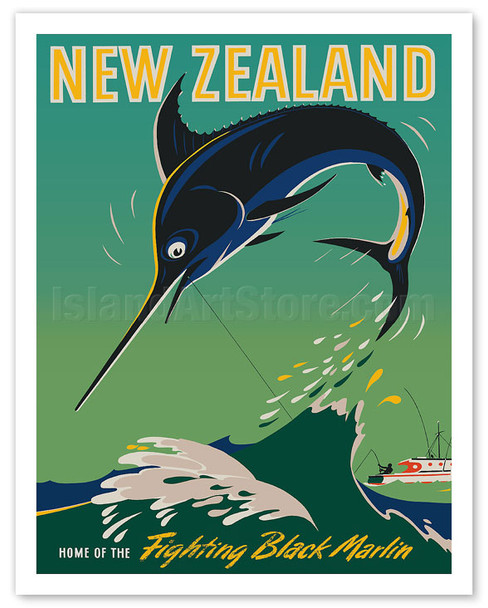 New Zealand - Home of the Fighting Black Marlin - Big Game Fishing - c. 1950 - Poster by Leslie George McCullough