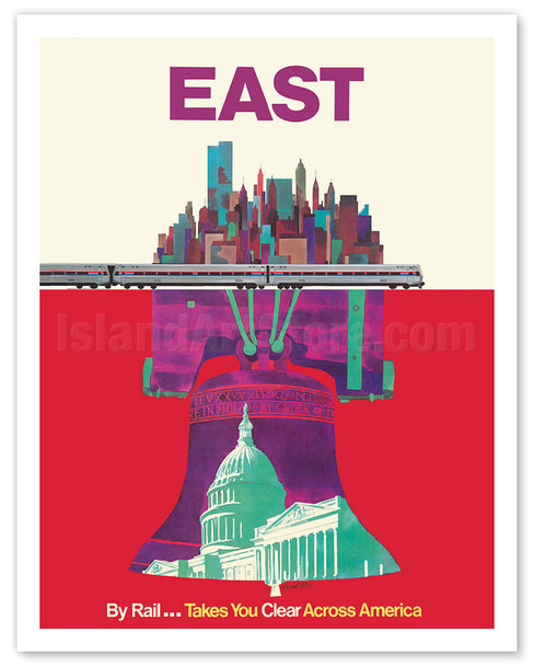 East By Train - Liberty Bell Philadelphia, Washington, New York - c. 1960's - Poster by David Klein