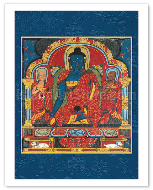 Sangye Menla - The Compassionate Medicine Buddha - Vintage Tibetan Thangka Buddhist Painting