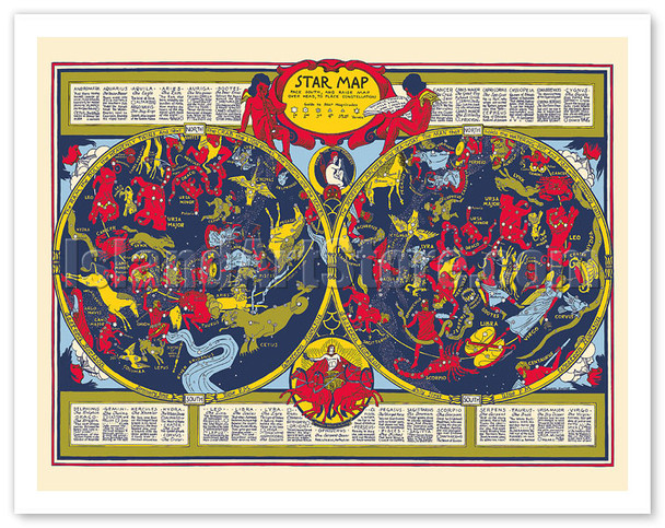 Celestial Star Map - Astrology Constellations - c. 1930's - Poster by Elizabeth Shurtleff