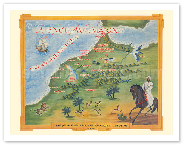 Morocco (Maroc) - National Bank for Trade and Industry BNCI - Africa (Afrique) - Map c. 1930's - Vintage Advertisement Poster