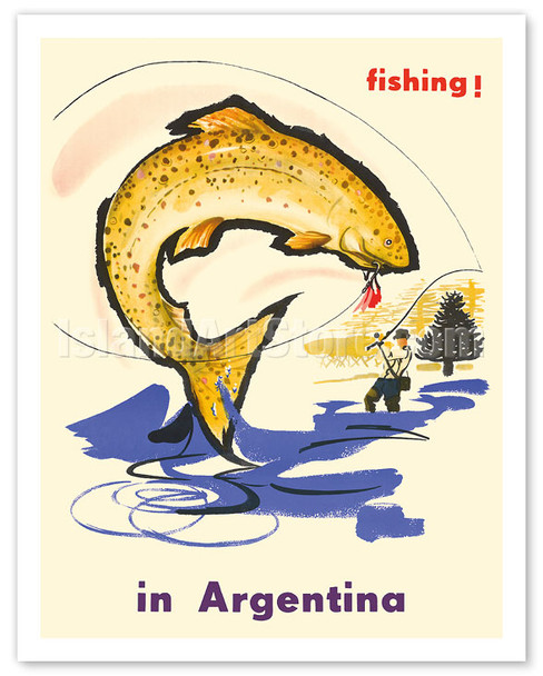 Fishing in Argentina - Fly Fisherman c.1950's - Vintage Travel Poster
