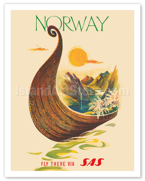 Norway - Fly There Via SAS Scandinavian Airlines System - Viking Ship - c. 1957 - Poster by Knut Yran