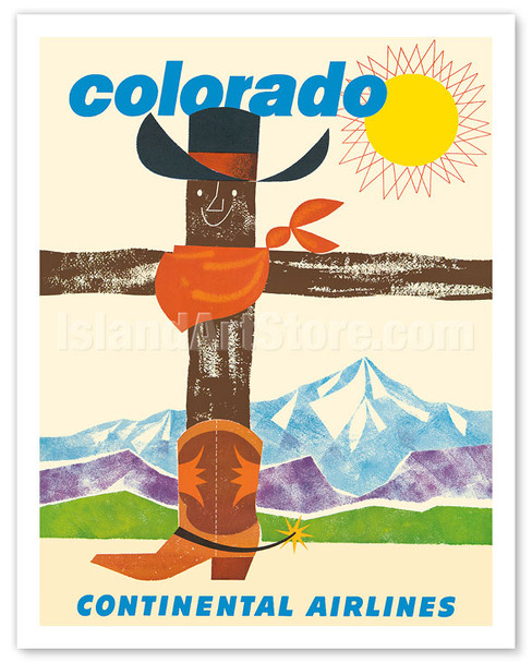 Colorado - Continental Airlines - Cowboy Hat Bandana Boots - c. 1960 - Vintage Airline Travel Poster