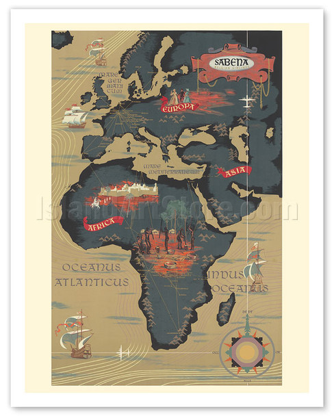 World Route Map - Africa, Europe, Asia - Sabena Belgian World Airlines - c. 1950