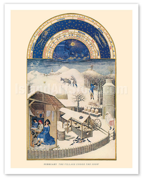 February - Village Under Snow - Book of Hours (Très Riches Heures) - c. 1416