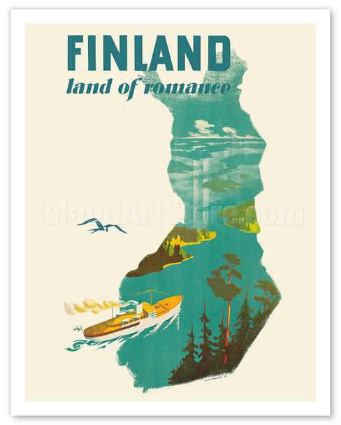 Finland - Land of Romance - Ship Cruising the Fjords - c. 1950 - Poster by Helge Mether-Borgström