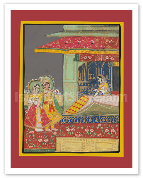 India - A Prince with his Beloved - Indian Miniature Painting - c. 1800's - Vintage Hindu Illustration