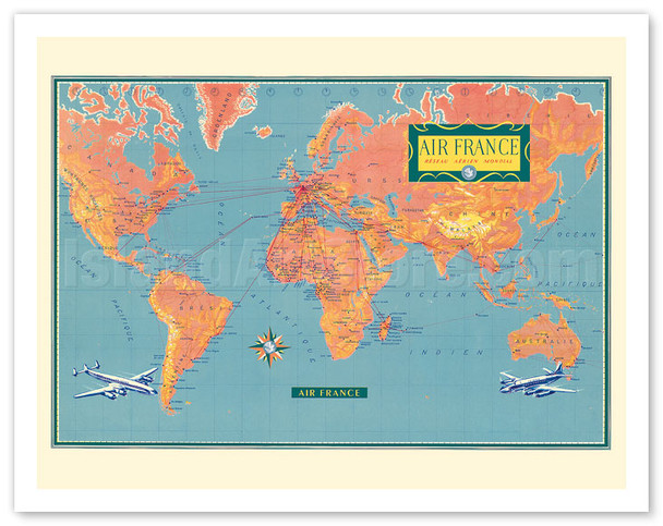 World Route Map - Planisphere - Vickers Viscount - Super Constellation - c. 1956 - Vintage Airline Travel Poster