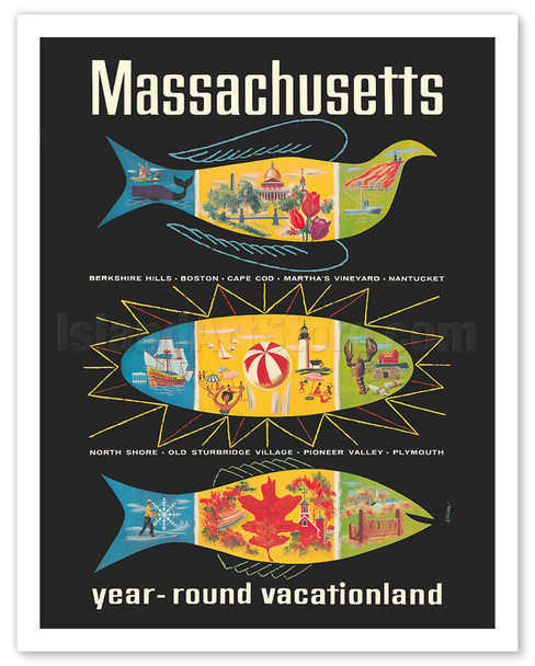 Massachusetts, New England - Year-Round Vacationland - c. 1950's - Poster by Ben Nason