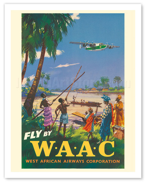 Africa - Fly by WAAC (West African Airways Corporation) - Africans - Niger River - c. 1940's - Vintage Airline Travel Poster